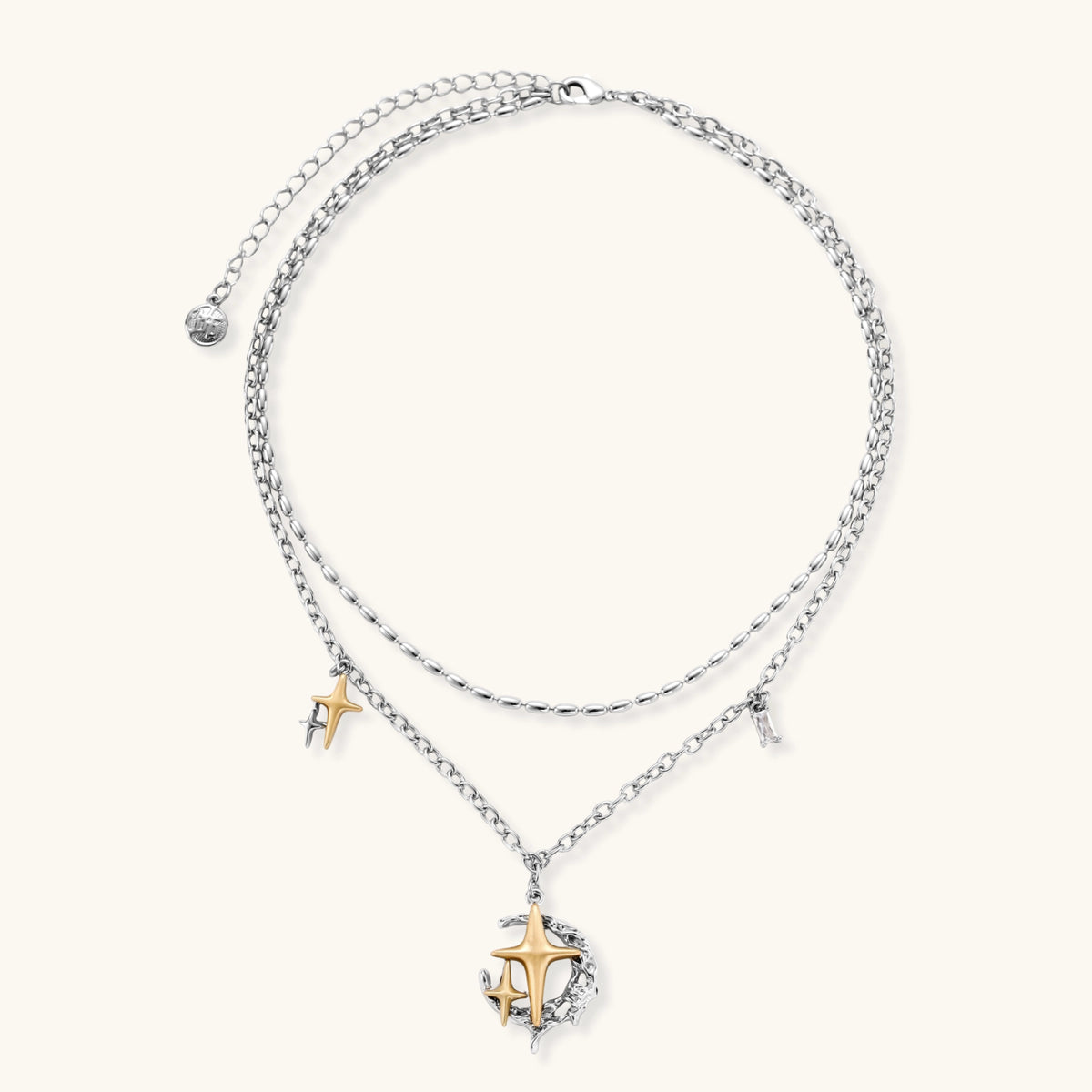Layered silver-tone necklace set featuring star charms and crescent moon pendant with eco-friendly zinc alloy construction