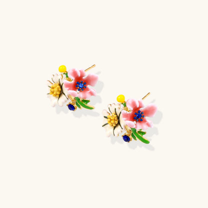 Colorful floral cluster stud earrings with pink blooms, white daisies, yellow accents on gold-plated brass base