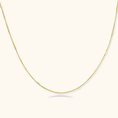 Delicate 14K gold-plated box chain necklace with evenly spaced bar links, shown flat on cream background.