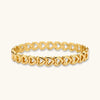 Gold 18K plated stainless steel bangle with continuous open heart links, high-polish finish, on white background.
