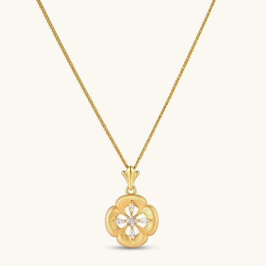 Gold-plated flower pendant necklace with brushed finish, open-work center, marquise CZ stones on wheat chain, S925 stamp.