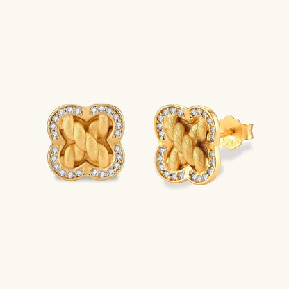 Gold-plated 925 silver clover stud earrings with brushed braid center and CZ stone border, 12mm, push-back closure.