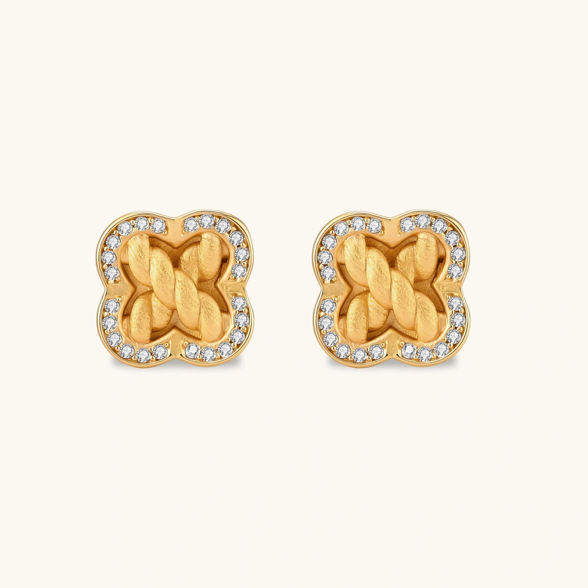 Gold-plated 925 silver clover stud earrings with brushed braid center and CZ stone border, 12mm, push-back closure.