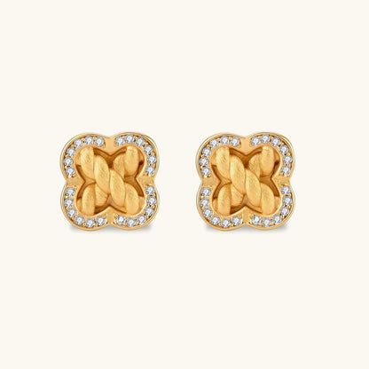 Gold-plated 925 silver clover stud earrings with brushed braid center and CZ stone border, 12mm, push-back closure.